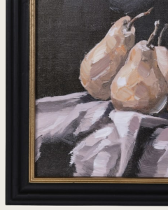 The Orchard Still Life framed pear wall art featuring four painted pears against a dark charcoal background in a black and gold frame