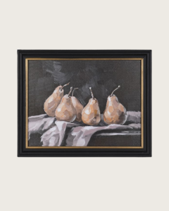 The Orchard Still Life framed pear wall art featuring four painted pears against a dark charcoal background in a black and gold frame