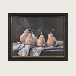 The Orchard Still Life framed pear wall art featuring four painted pears against a dark charcoal background in a black and gold frame