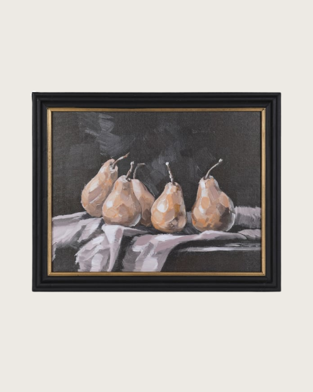 The Orchard Still Life framed pear wall art featuring four painted pears against a dark charcoal background in a black and gold frame