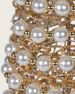 Aurelia decorative Christmas tree featuring ivory faux pearls and intricate gold-tone detailing in an elegant tapered design