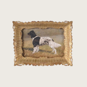 The Country Companion small framed spaniel print featuring a black and white dog in an ornate antique gold-effect decorative frame